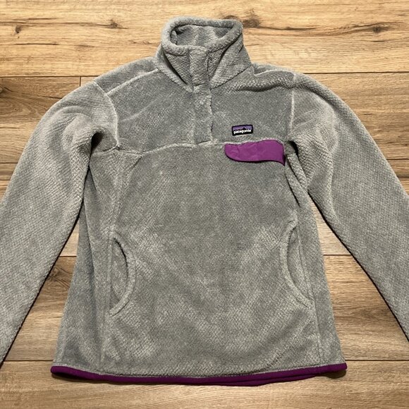 Women's Patagonia Snap T Fleece Jacket SZ Medium Gray Purple Pullover Logo - Picture 2 of 13